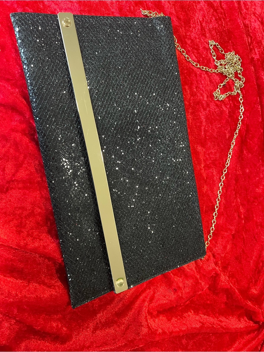 Sparkling Black Glitter Evening Clutch with Gold Bar